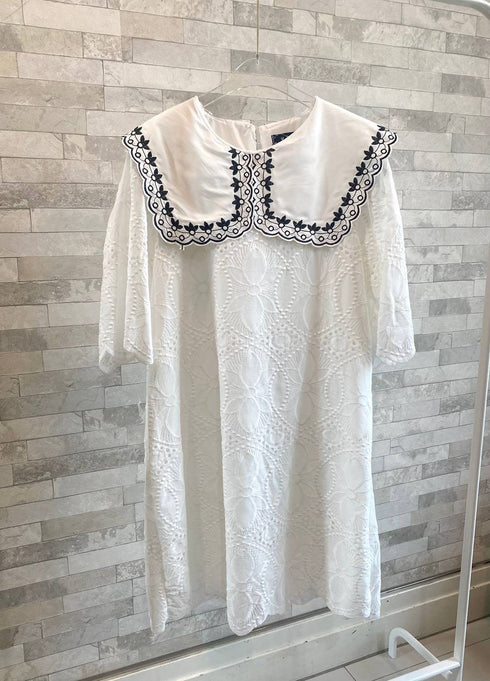 Women Embroidered Lace Trimmed Sailor Collar A-Line Dress